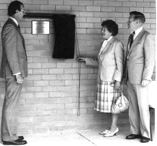 Opening of the Ian Watson Gymnasium, 1981 Left to Right: Principal P Gebhardt; Mrs Watson; Ian R Watson